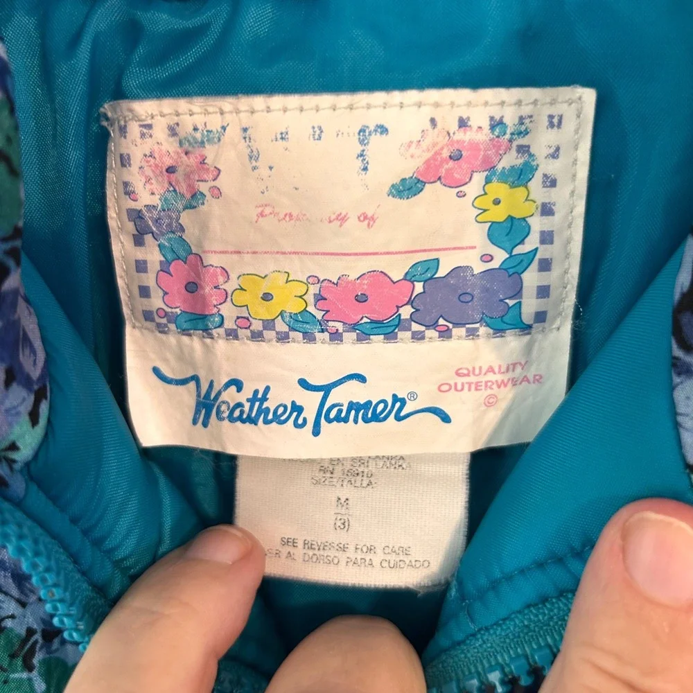 Vintage Weather Tamer Kids Blue Floral Puffer Jacket Batwing Sleeve Size M 3